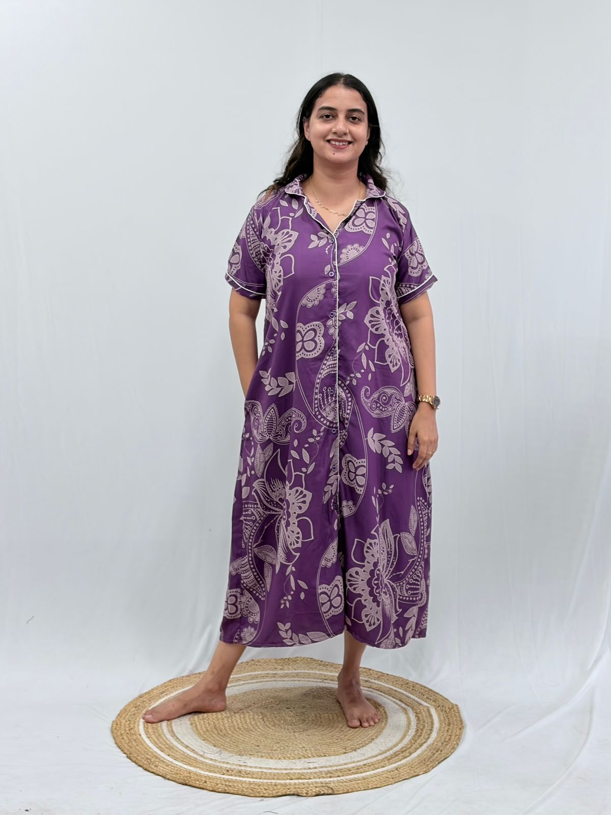 Lavender Floral Printed Alpine Full Open Long Polo Shirt Dress | Side Pocket | Free Size | Chest Width 44″| Length 44″