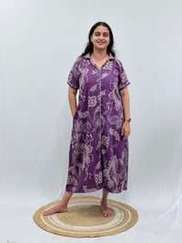 Lavender Floral Printed Alpine Full Open Long Polo Shirt Dress | Side Pocket | Free Size | Chest Width 44″| Length 44″