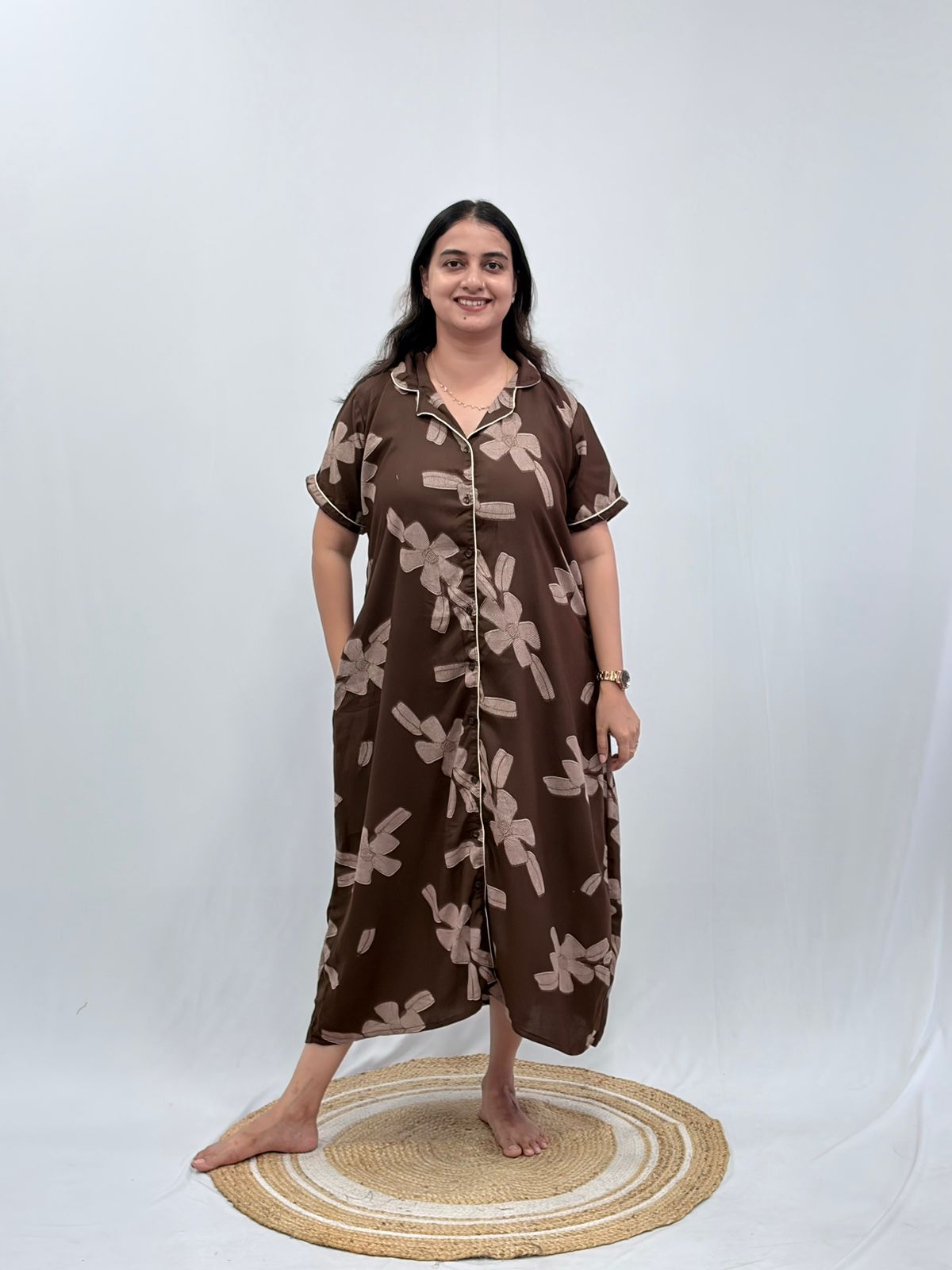 Brown Floral Printed Alpine Full Open Long Polo Shirt Dress | Side Pocket | Free Size | Chest Width 44″| Length 44″