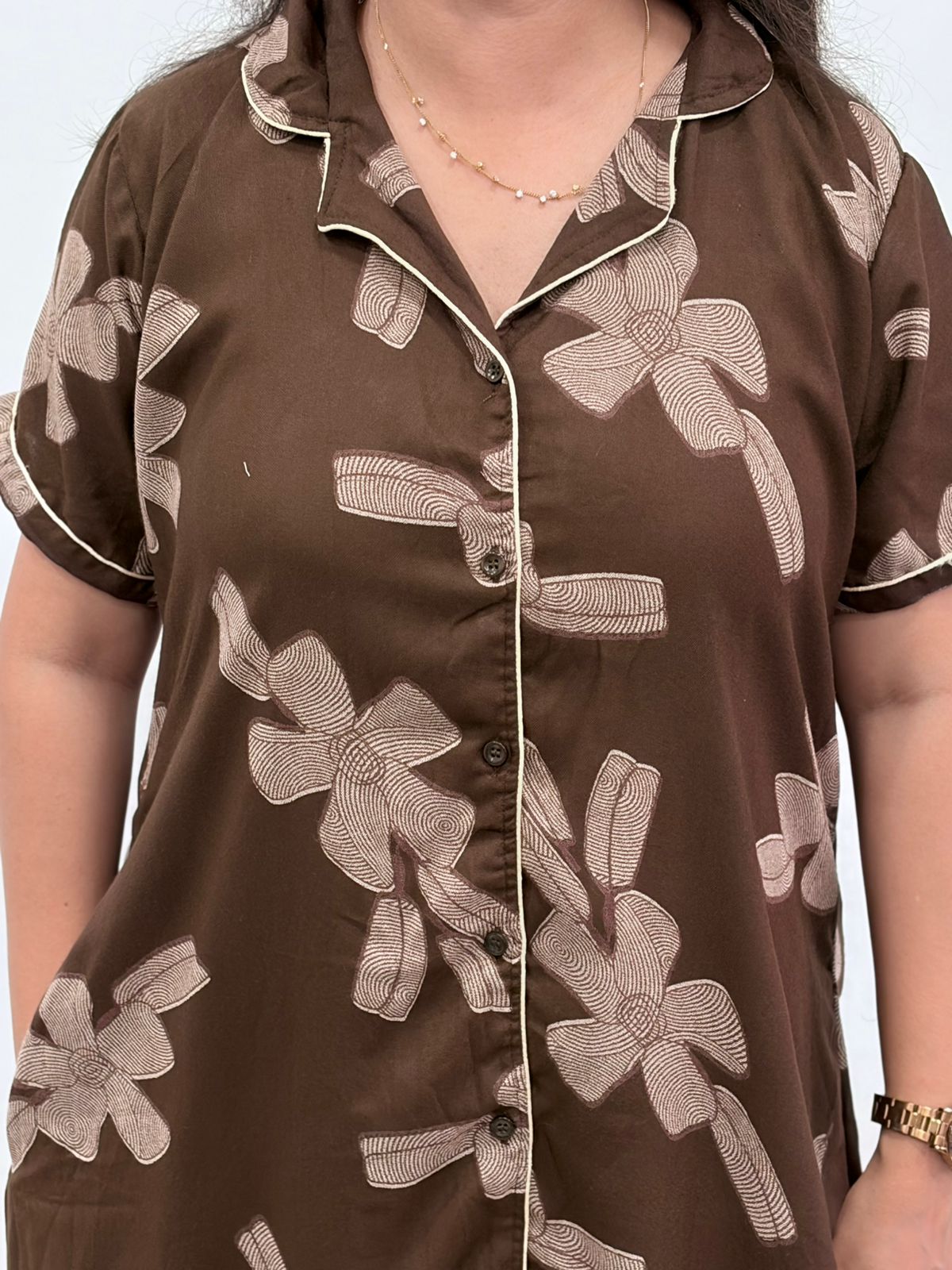 Brown Floral Printed Alpine Full Open Long Polo Shirt Dress | Side Pocket | Free Size | Chest Width 44″| Length 44″