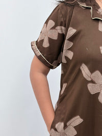 Brown Floral Printed Alpine Full Open Long Polo Shirt Dress | Side Pocket | Free Size | Chest Width 44″| Length 44″
