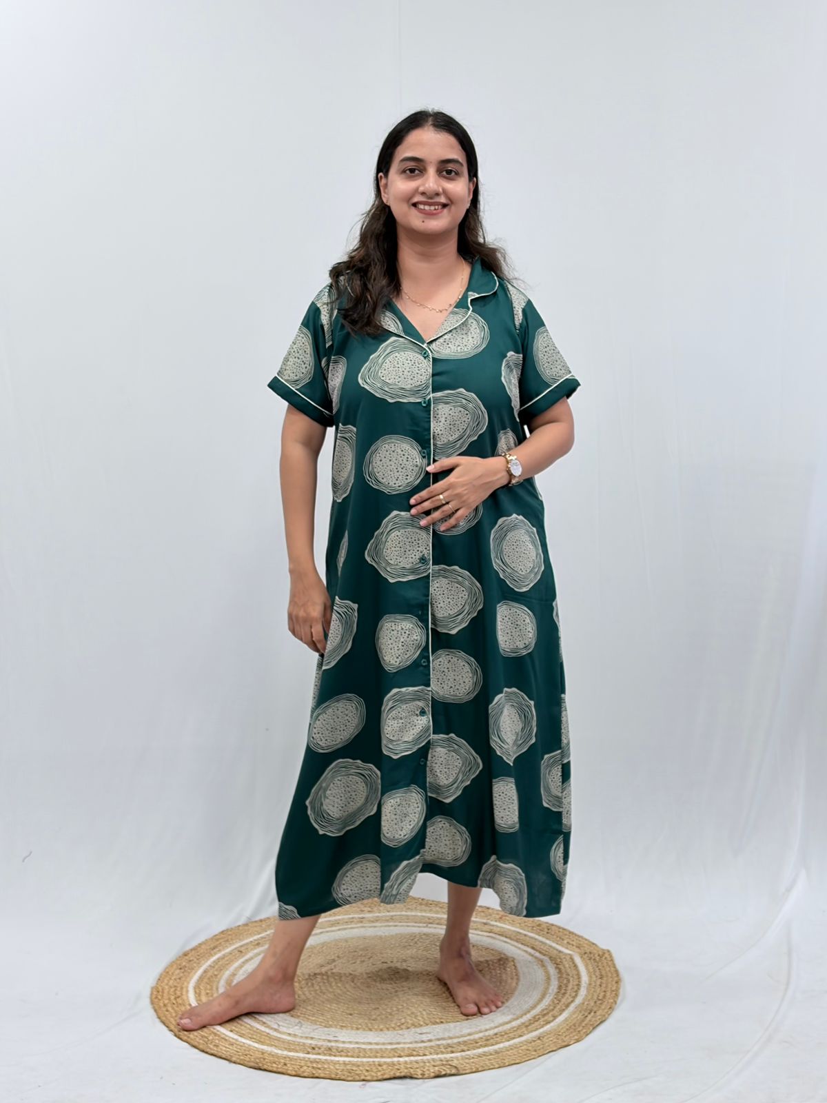 Green Printed Alpine Full Open Long Polo Shirt Dress | Side Pocket | Free Size | Chest Width 44″| Length 44″