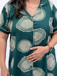 Green Printed Alpine Full Open Long Polo Shirt Dress | Side Pocket | Free Size | Chest Width 44″| Length 44″