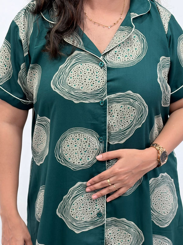 Green Printed Alpine Full Open Long Polo Shirt Dress | Side Pocket | Free Size | Chest Width 44″| Length 44″