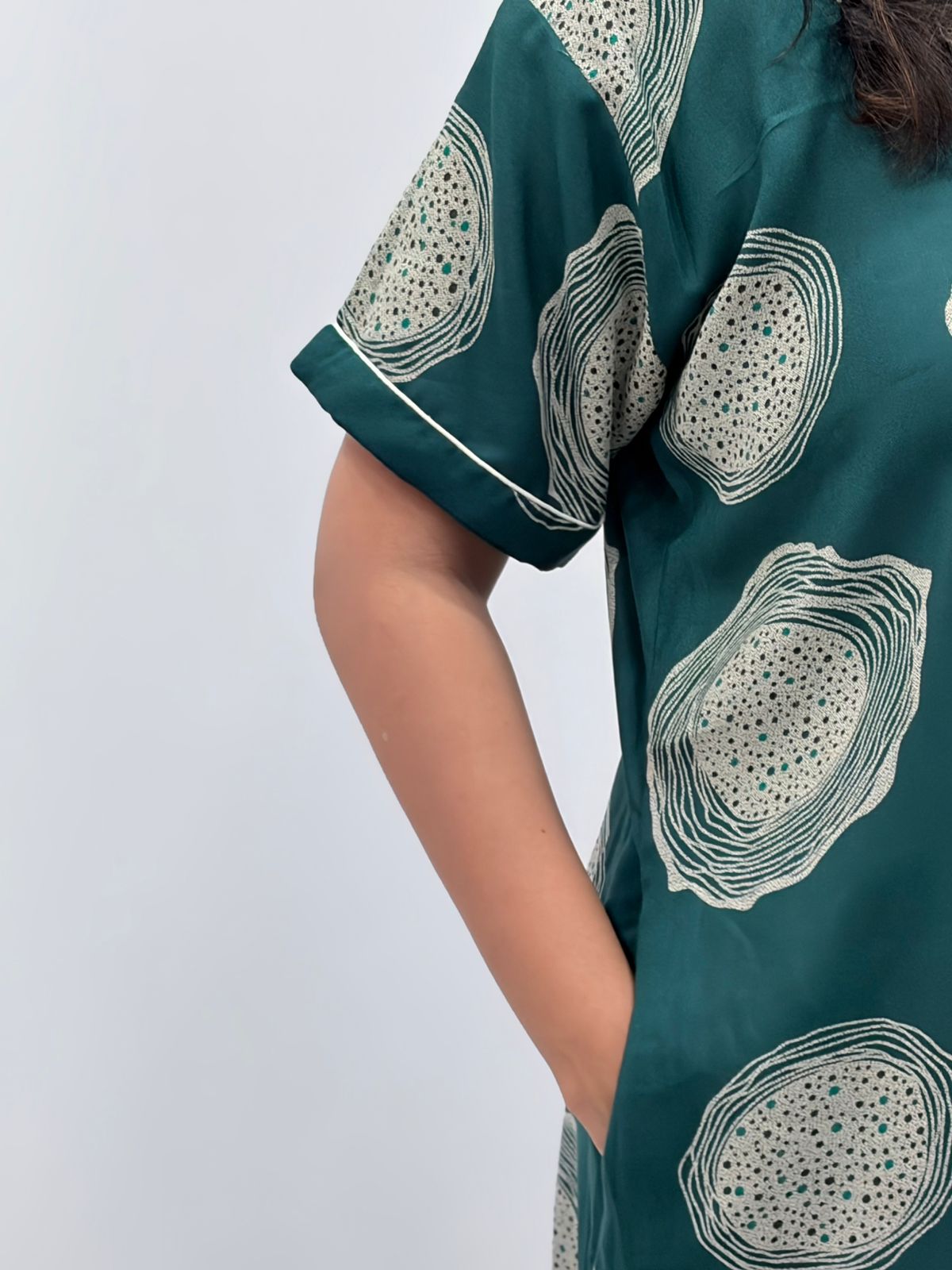 Green Printed Alpine Full Open Long Polo Shirt Dress | Side Pocket | Free Size | Chest Width 44″| Length 44″