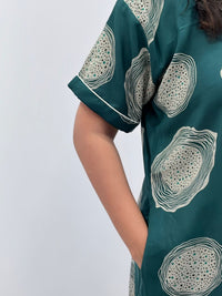 Green Printed Alpine Full Open Long Polo Shirt Dress | Side Pocket | Free Size | Chest Width 44″| Length 44″