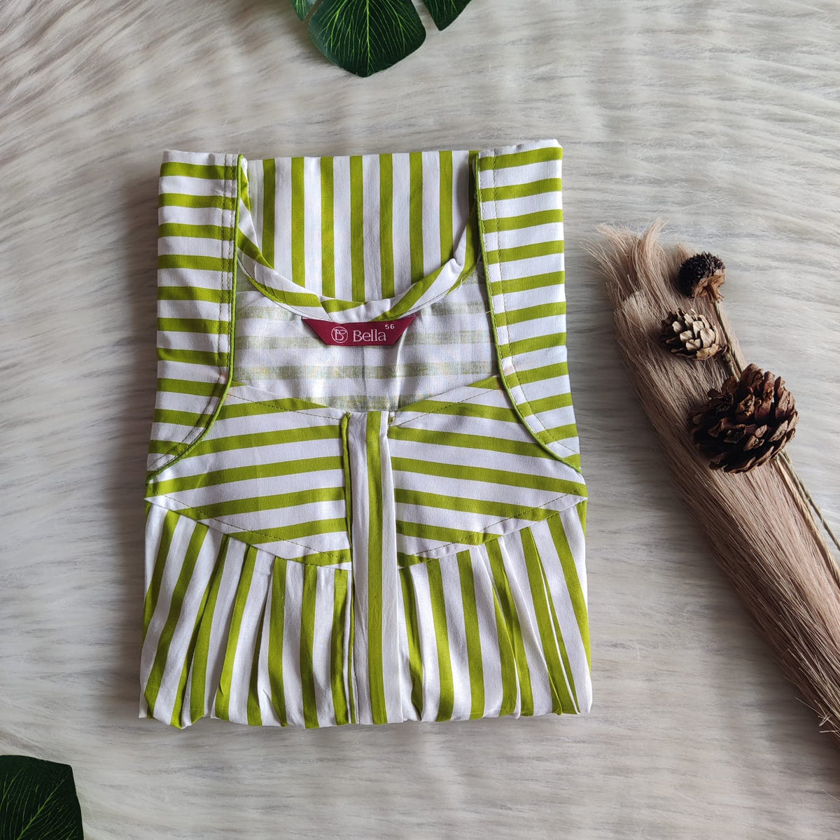 Pista Green Stripes Printed Premium Cotton Pleated Zip Nighty | Free Size | Chest Width 44″| Length 54″-55″