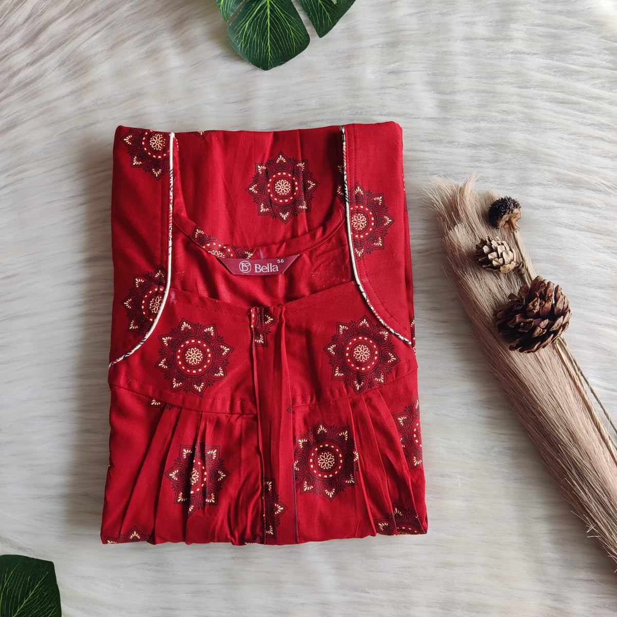Red Floral Printed Premium Cotton Pleated Zip Nighty | Free Size | Chest Width 44″| Length 54″-55″