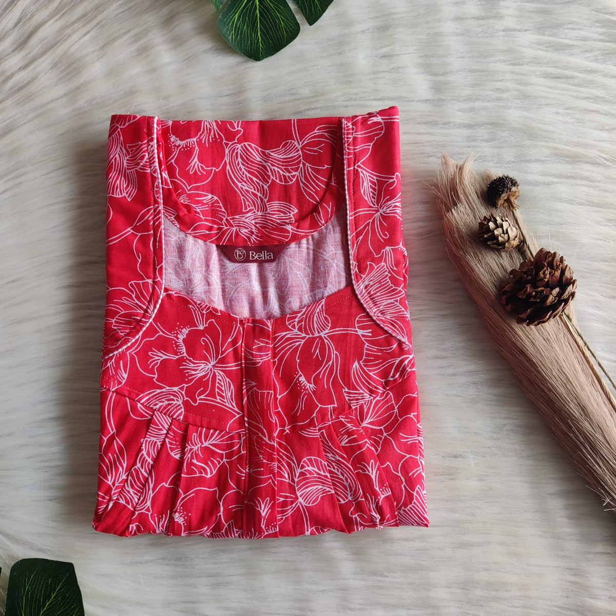 Peach Floral Printed Premium Cotton Pleated Zip Nighty | Free Size | Chest Width 44″| Length 54″-55″