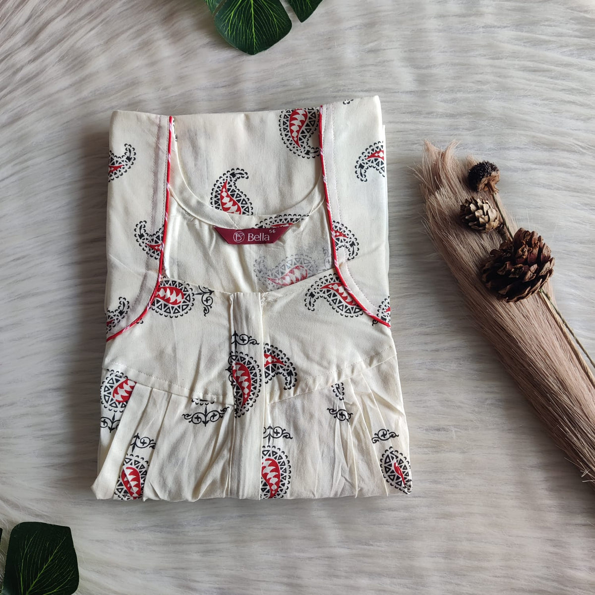 Ivory Printed Premium Cotton Pleated Zip Nighty | Free Size | Chest Width 44″| Length 54″-55″