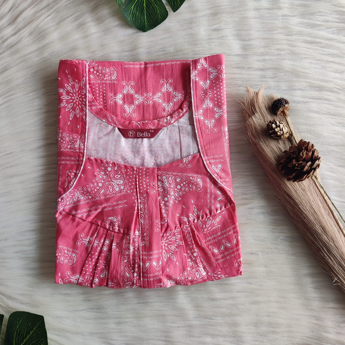 Pastel Pink Printed Premium Cotton Pleated Zip Nighty | Free Size | Chest Width 44″| Length 54″-55″