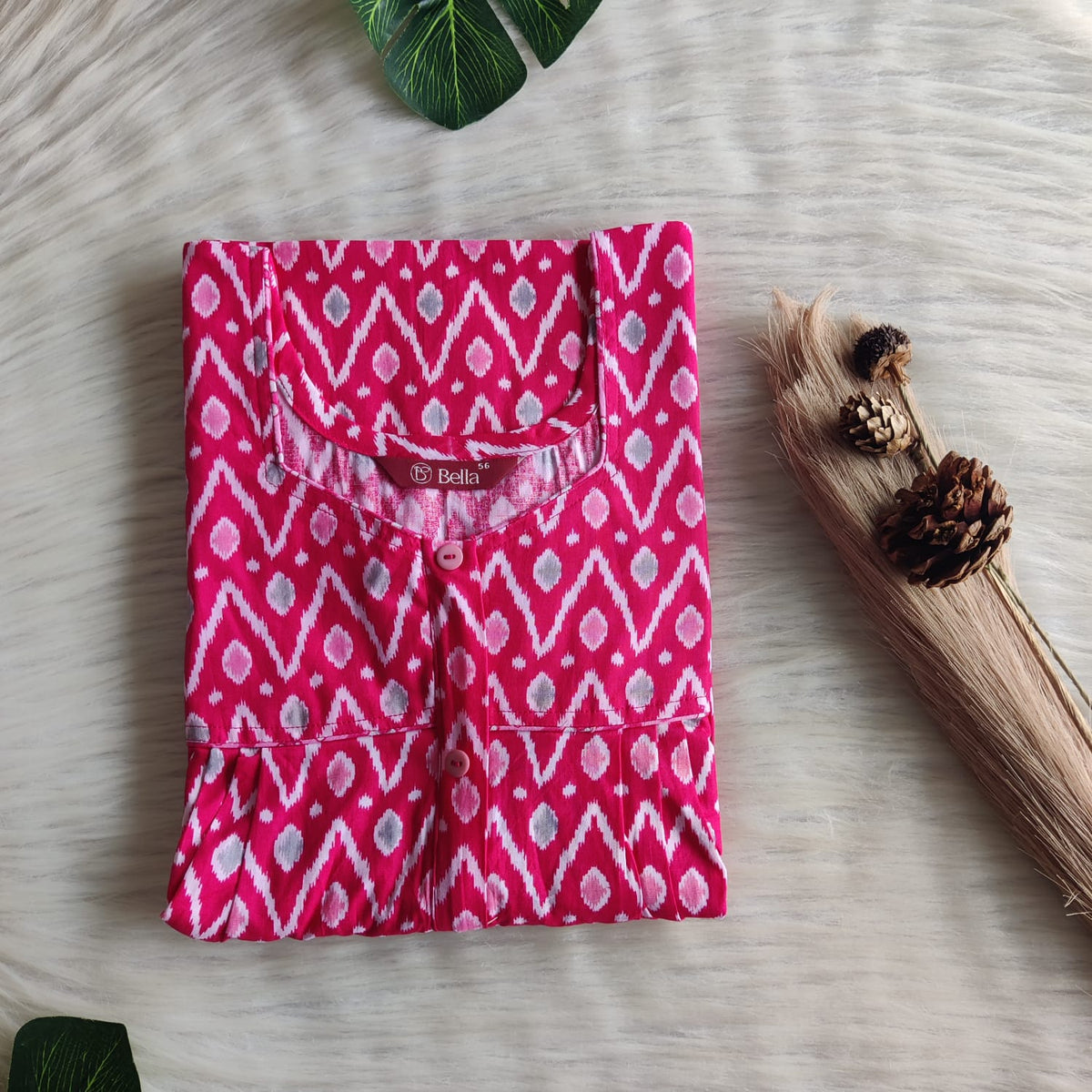 Pink Ikat Printed Premium Cotton Button Zip Nighty | Free Size | Chest Width 44″| Length 55″-56″