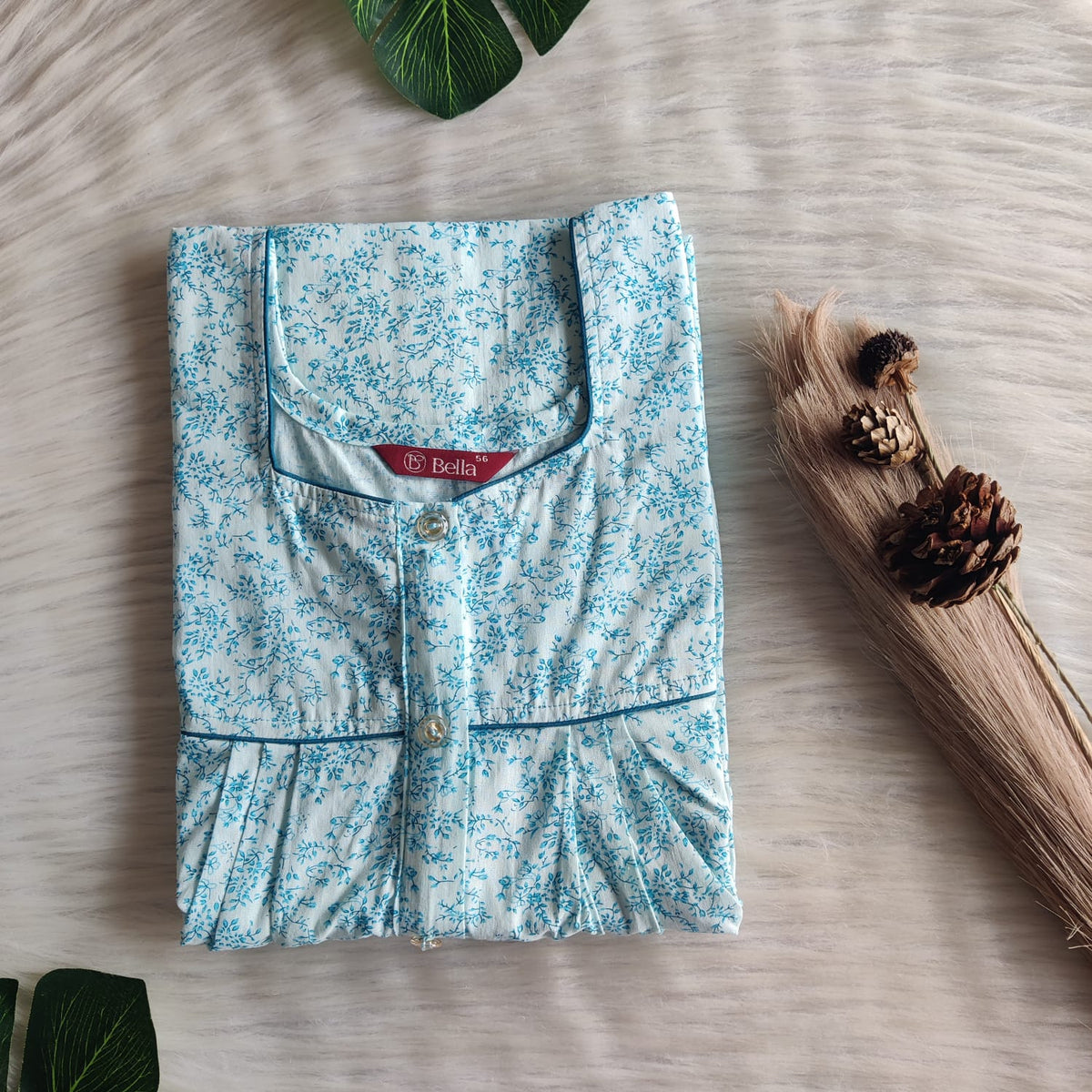 Blue Printed Pure Cotton Button Zip Nighty | Free Size | Chest Width 44″| Length 55″-56″