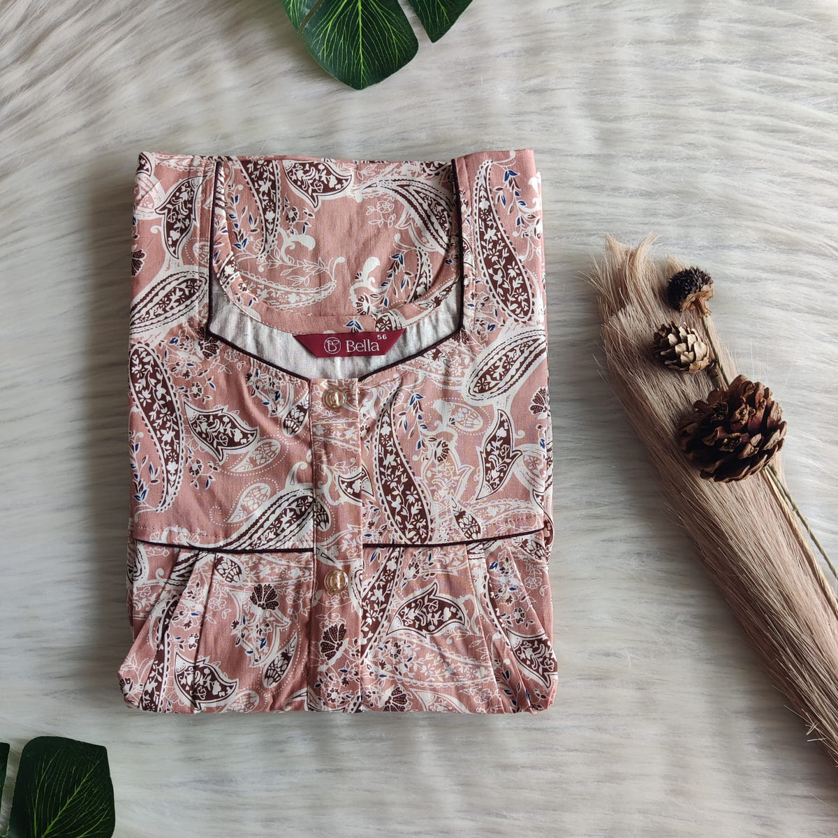 Pastel Brown Printed Pure Cotton Button Zip Nighty | Free Size | Chest Width 44″| Length 55″-56″