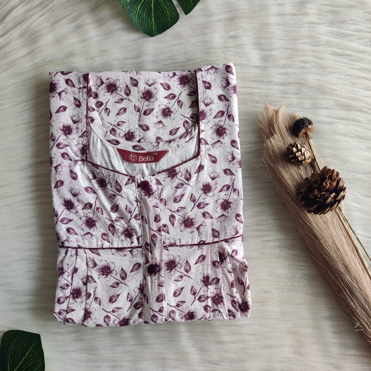 Wine Floral Printed White Pure Cotton Button Zip Nighty | Free Size | Chest Width 44″| Length 55″-56″