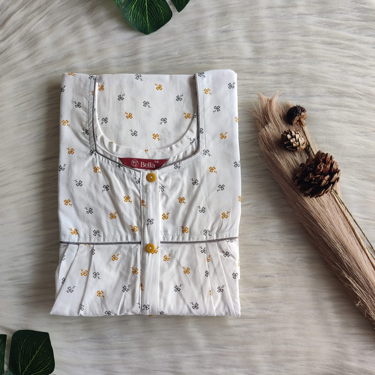 Yellow And Grey Printed White Pure Cotton Button Zip Nighty | Free Size | Chest Width 44″| Length 55″-56″