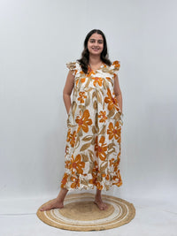 Yellow And White Floral Printed Cambric Cotton V- Neck Ruffle Sleeve Long Zip Short Maternity Gown | Free Size | Chest Width 44″| Length 44″|