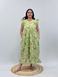 Pale Green Floral Printed Cambric Cotton V- Neck Ruffle Sleeve Long Zip Short Maternity Gown | Free Size | Chest Width 44″| Length 44″|