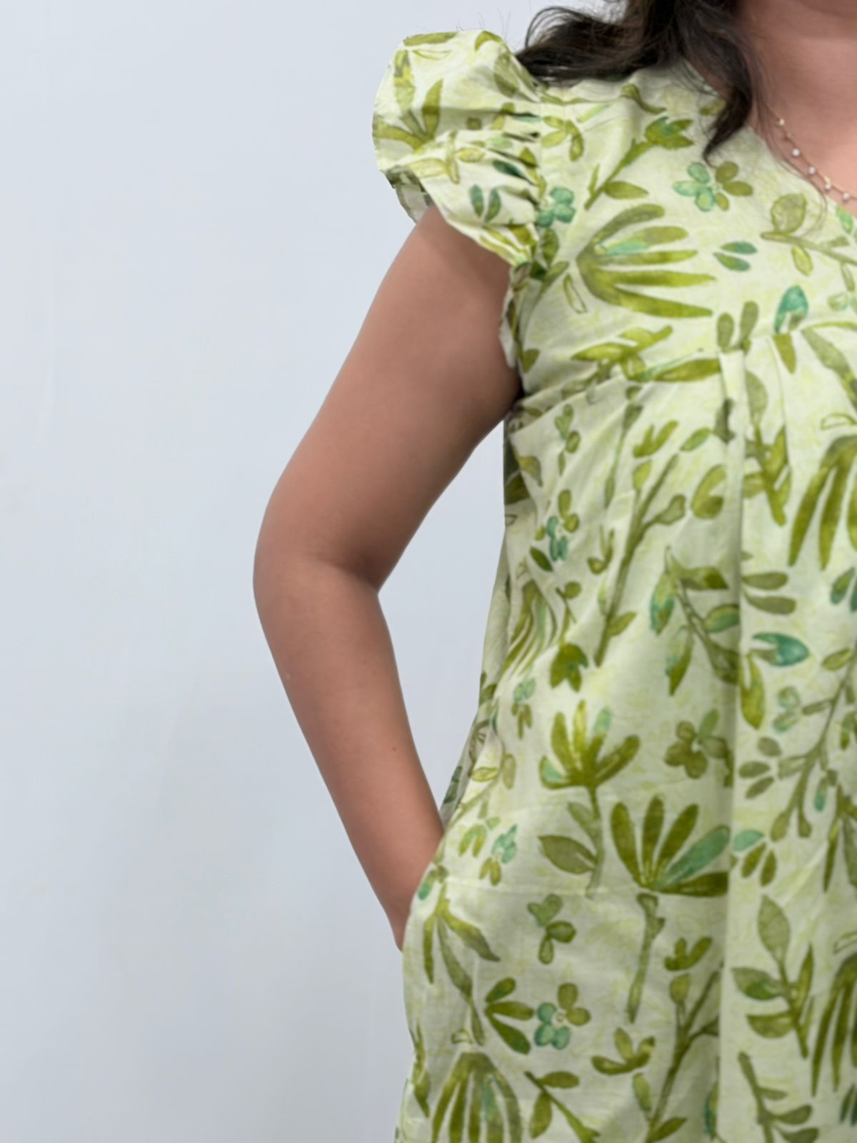 Pale Green Floral Printed Cambric Cotton V- Neck Ruffle Sleeve Long Zip Short Maternity Gown | Free Size | Chest Width 44″| Length 44″|