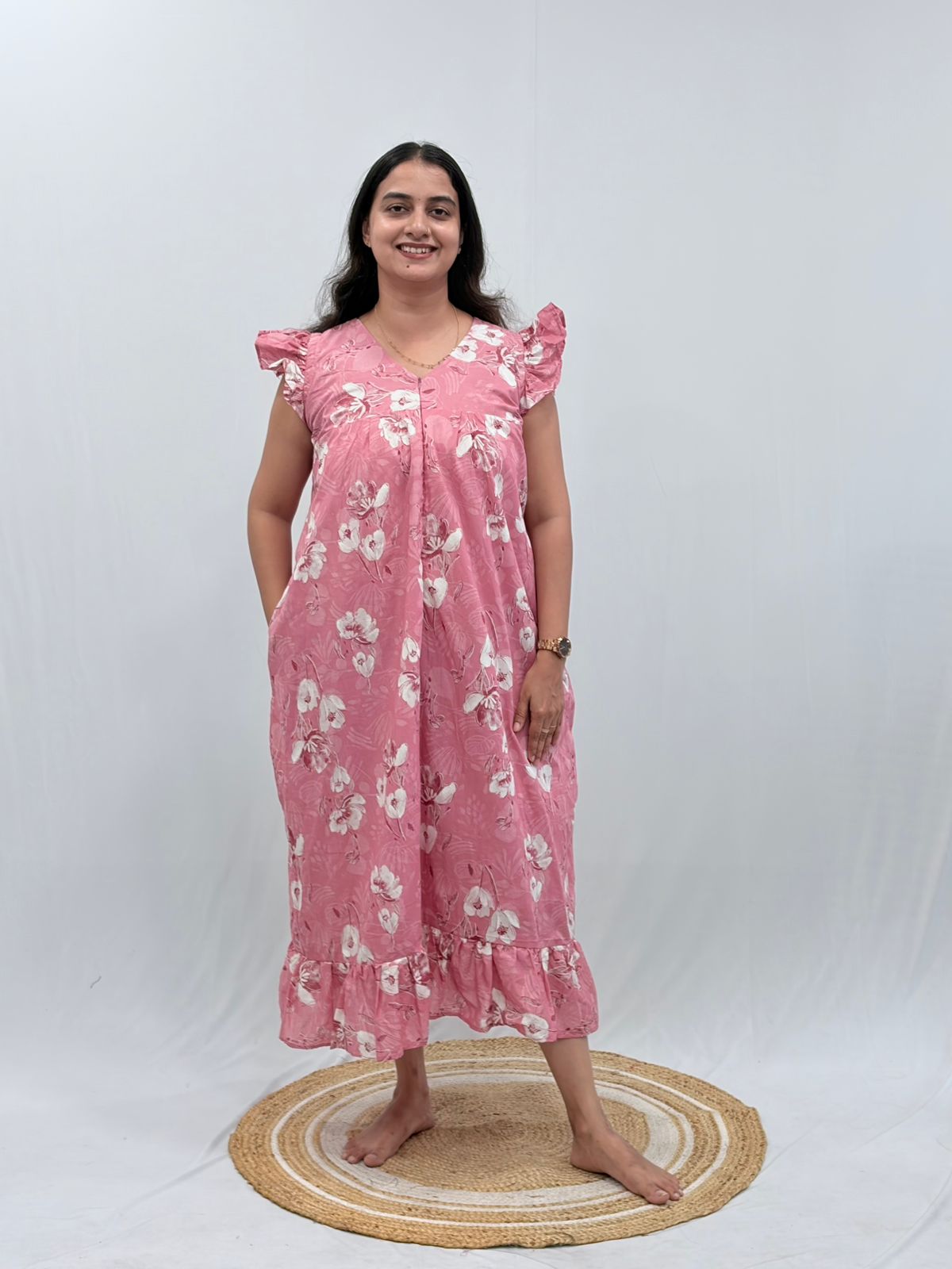 Pink Floral Printed Cambric Cotton V- Neck Ruffle Sleeve Long Zip Short Maternity Gown | Free Size | Chest Width 44″| Length 44″|