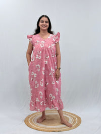 Pink Floral Printed Cambric Cotton V- Neck Ruffle Sleeve Long Zip Short Maternity Gown | Free Size | Chest Width 44″| Length 44″|