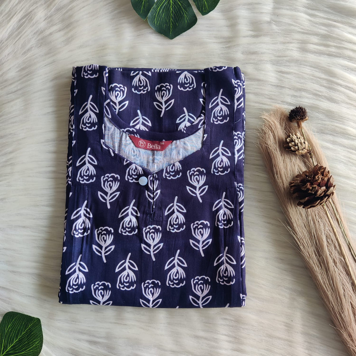 Navy Blue Floral Printed Premium Cotton Aline Cut Vertical Zip Feeding Nighty | Free Size | Chest Width 44″| Length 54″-56″