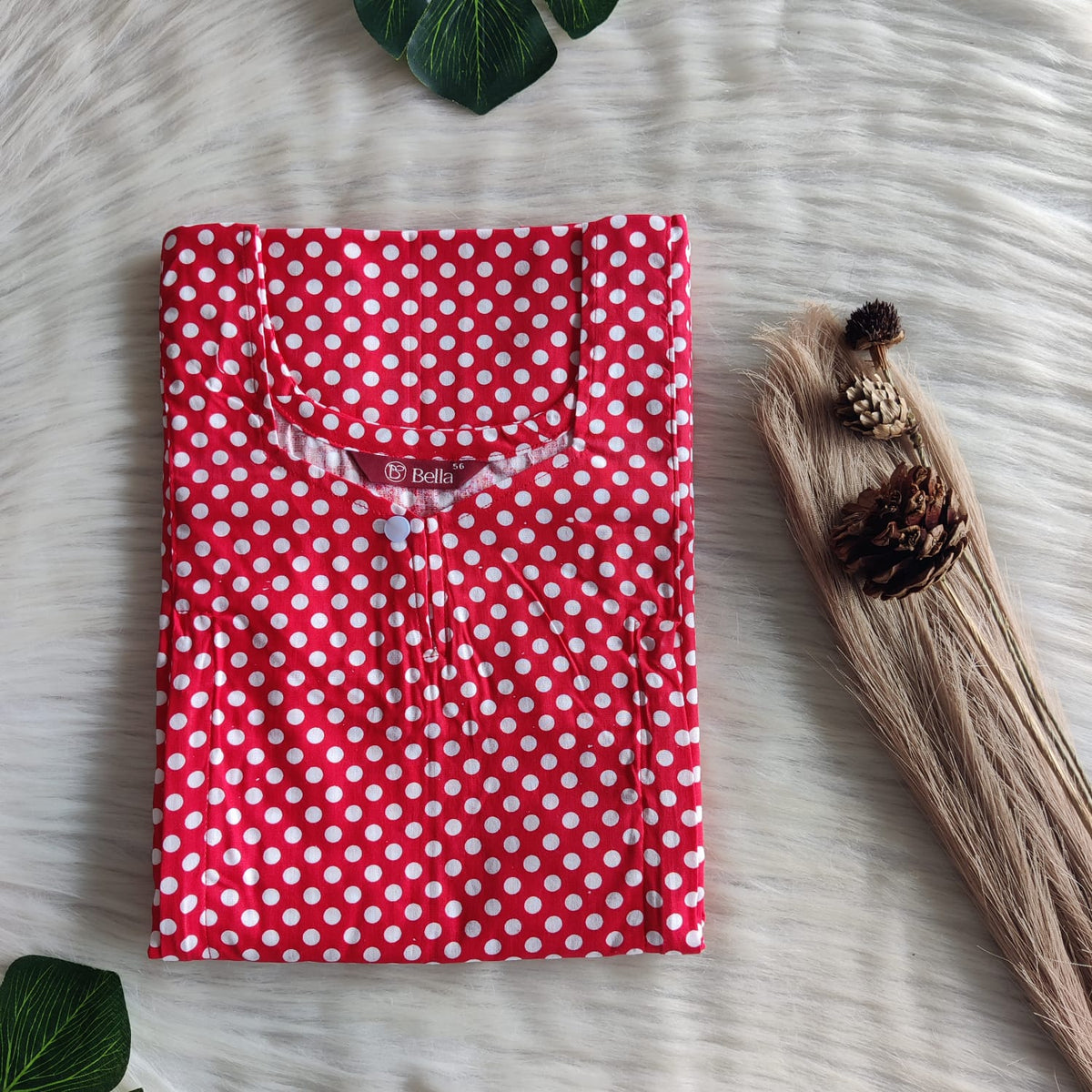 Red Dot Printed Premium Cotton Aline Cut Vertical Zip Feeding Nighty | Free Size | Chest Width 44″| Length 54″-56″