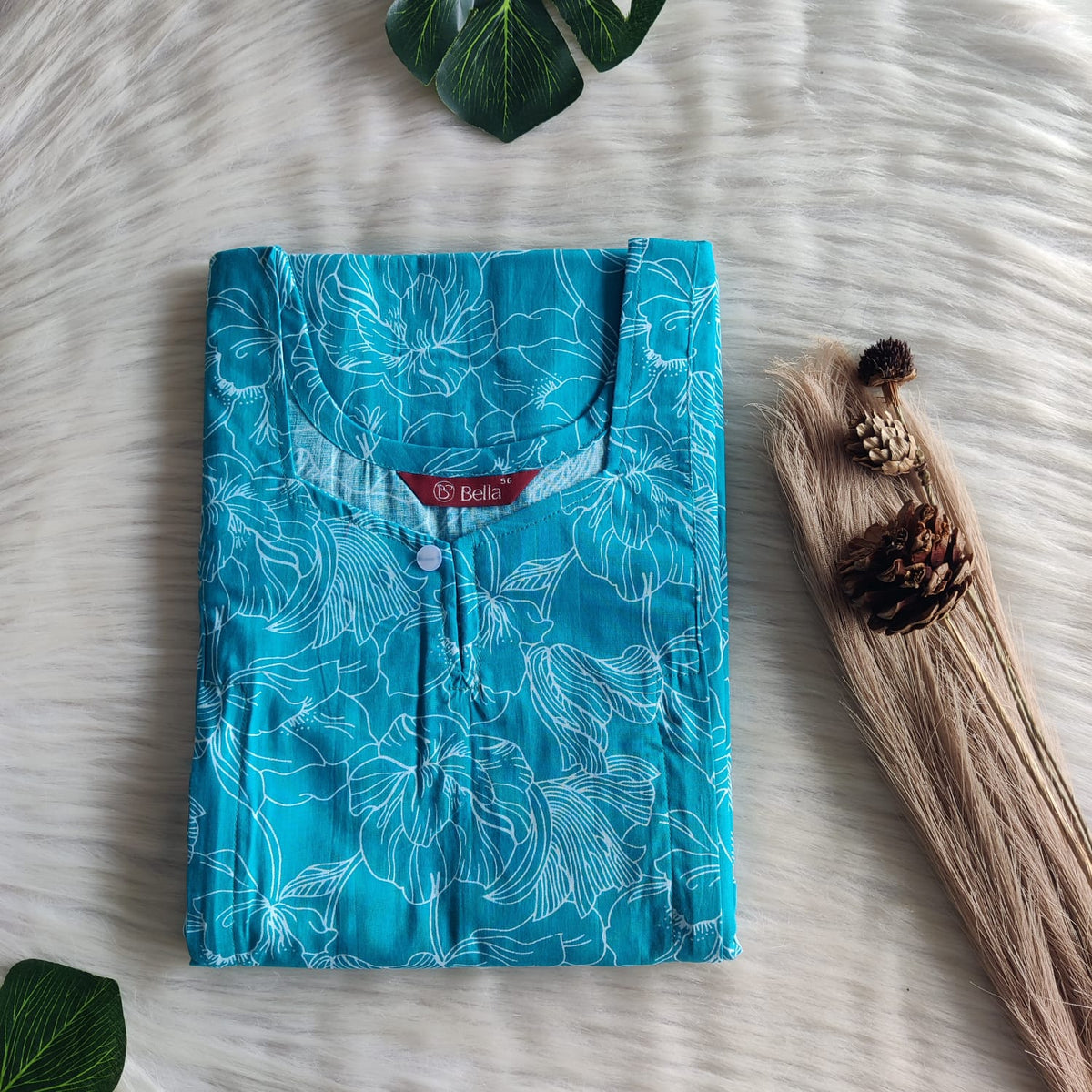 Blue Floral Printed Premium Cotton Aline Cut Vertical Zip Feeding Nighty | Free Size | Chest Width 44″| Length 54″-56″