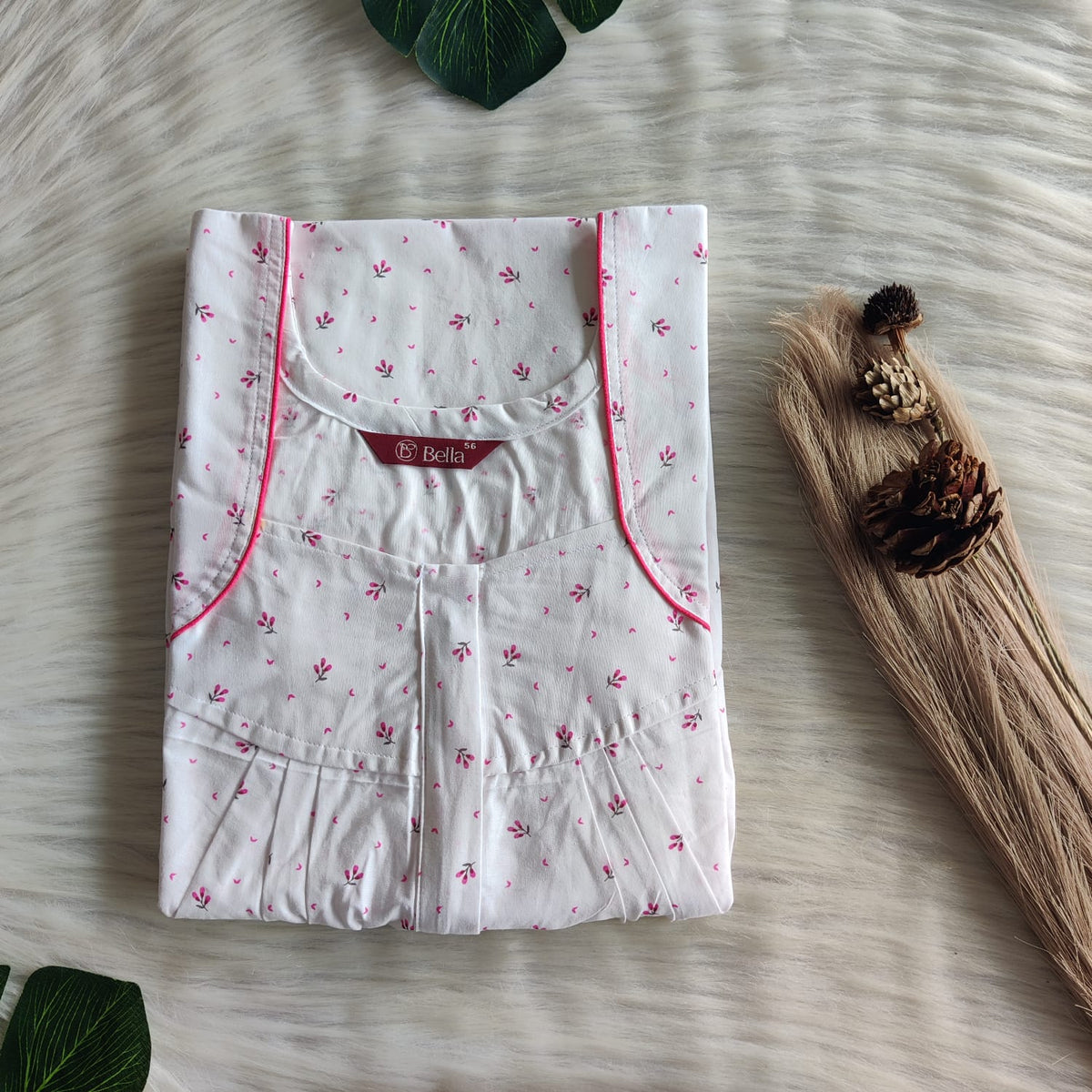 Pink Floral Printed White Pure Cotton Plus Size Pleated Zip Nighty | Chest Width 50″| Length 54″-55″