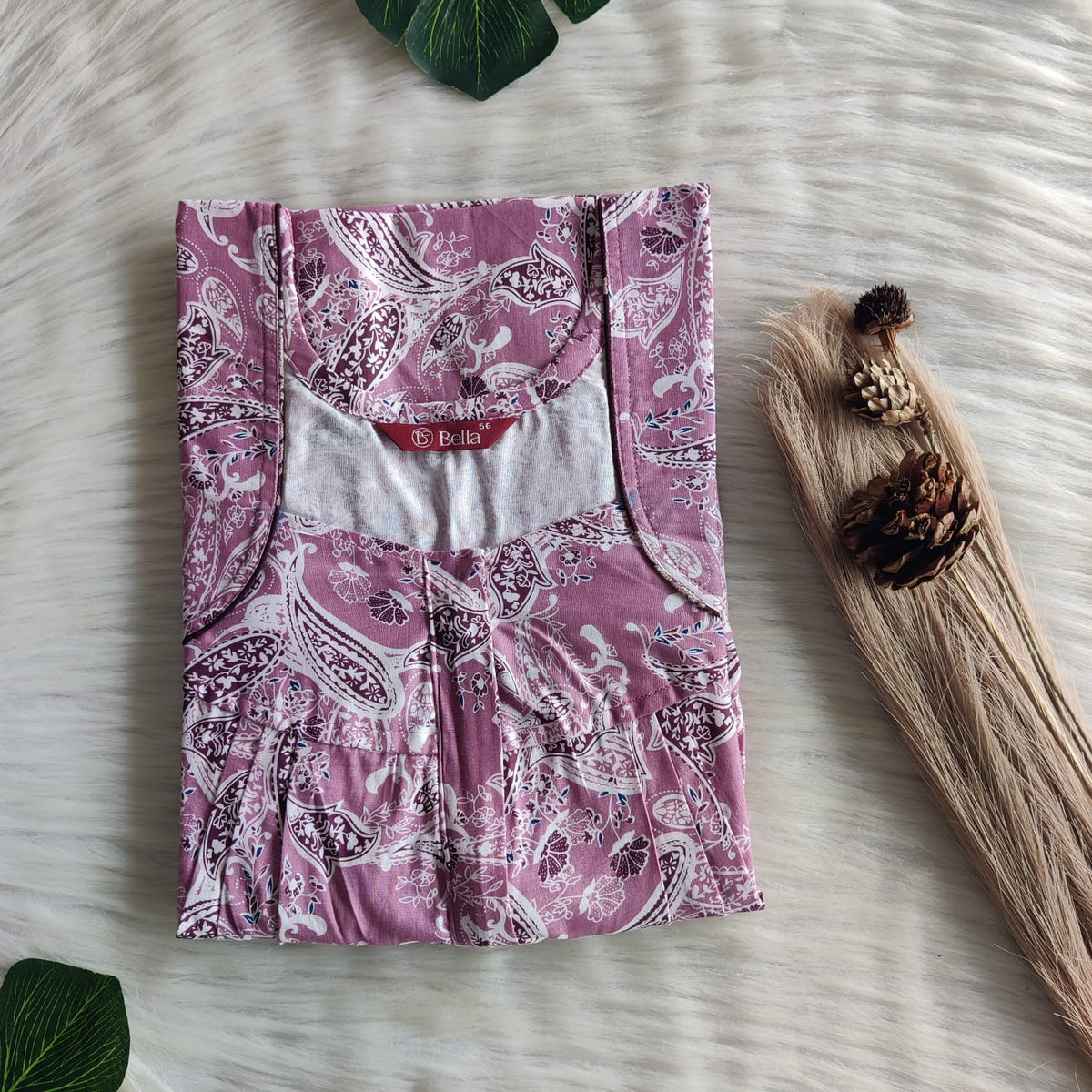 Mauve Kalamkari Printed Pure Cotton Plus Size Pleated Zip Nighty | Chest Width 50″| Length 54″-55″