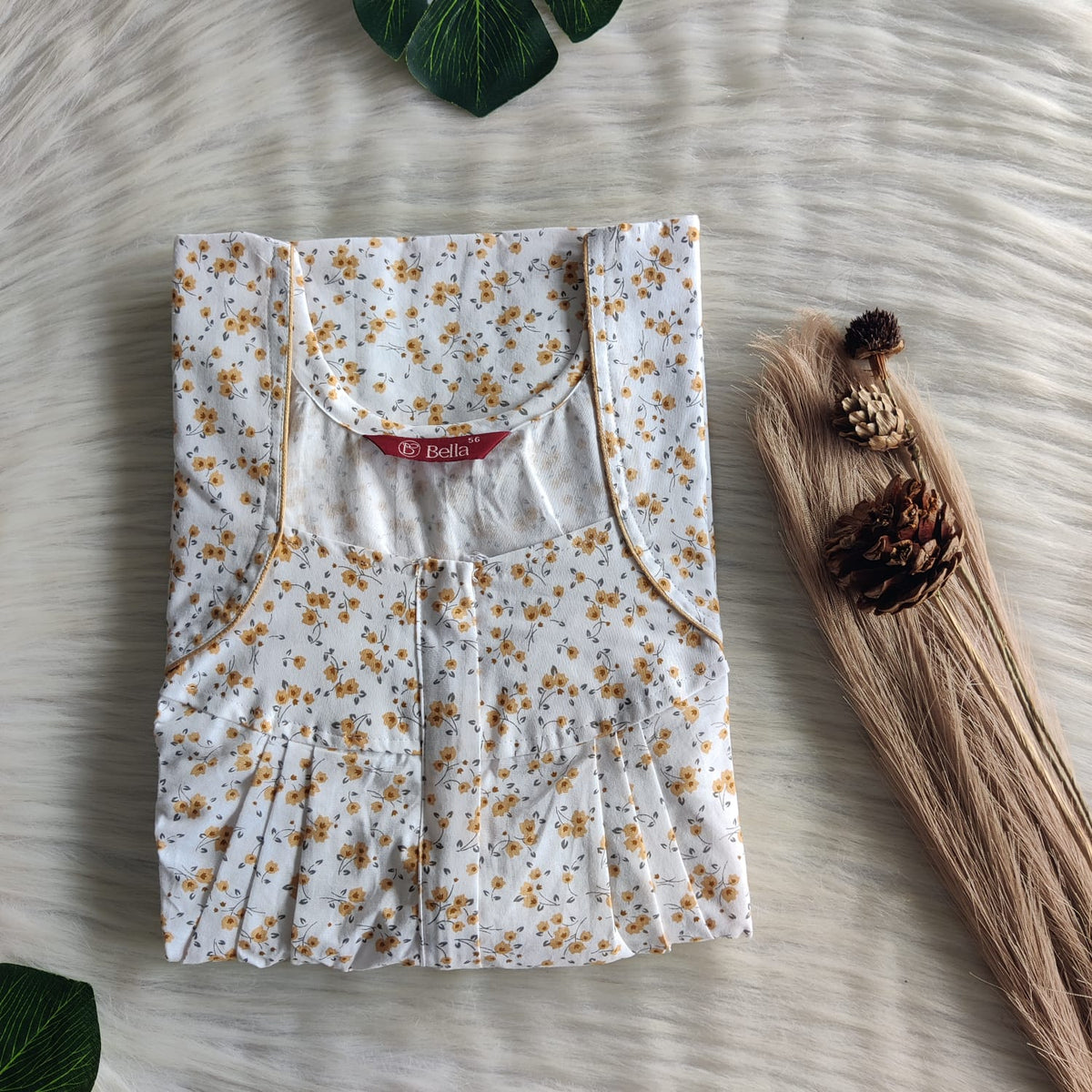 Brown Floral Printed White Pure Cotton Pleated Zip Nighty | Free Size | Chest Width 44″| Length 54″-55″
