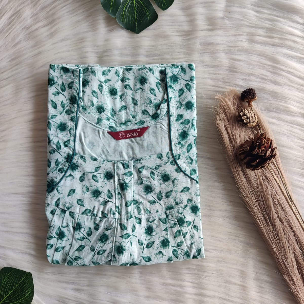 Green Leaf Printed Pure Cotton Plus Size Pleated Zip Nighty | Chest Width 50″| Length 54″-55″