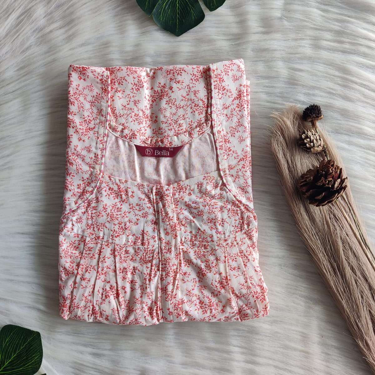 Orange Floral Printed Pure Cotton Plus Size Pleated Zip Nighty | Chest Width 50″| Length 54″-55″