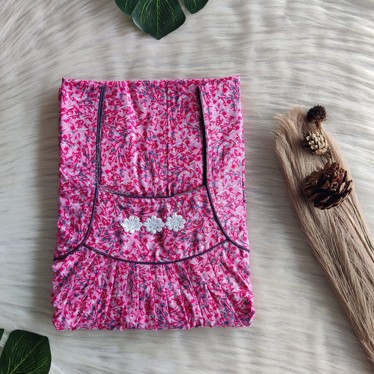 Pink Printed Premium Cotton Three Flower Nighty |Free Size | Chest Width 44"| Length 54"-55"