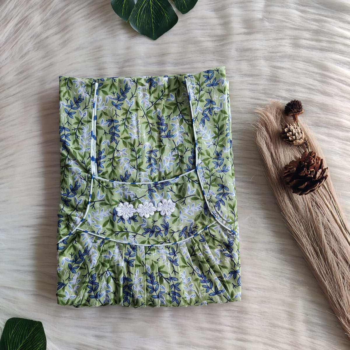 Green And Blue Leaf Printed Premium Cotton Three Flower Nighty |Free Size | Chest Width 44"| Length 54"-55"