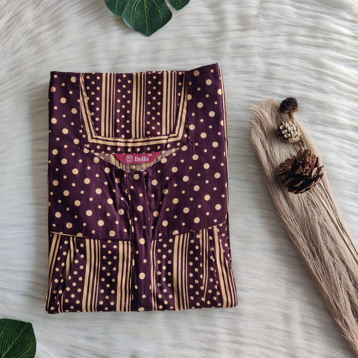 Coffee Brown And Yellow Stripes Printed Premium Cotton Square Neck Pleated Nighty | Free Size | Chest Width 44″| Length 55″-56″