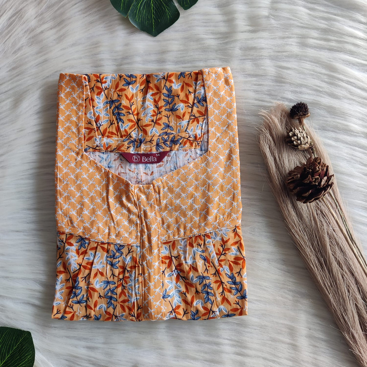 Orange And Blue Leaf Printed Premium Cotton Square Neck Pleated Nighty | Free Size | Chest Width 44″| Length 55″-56″