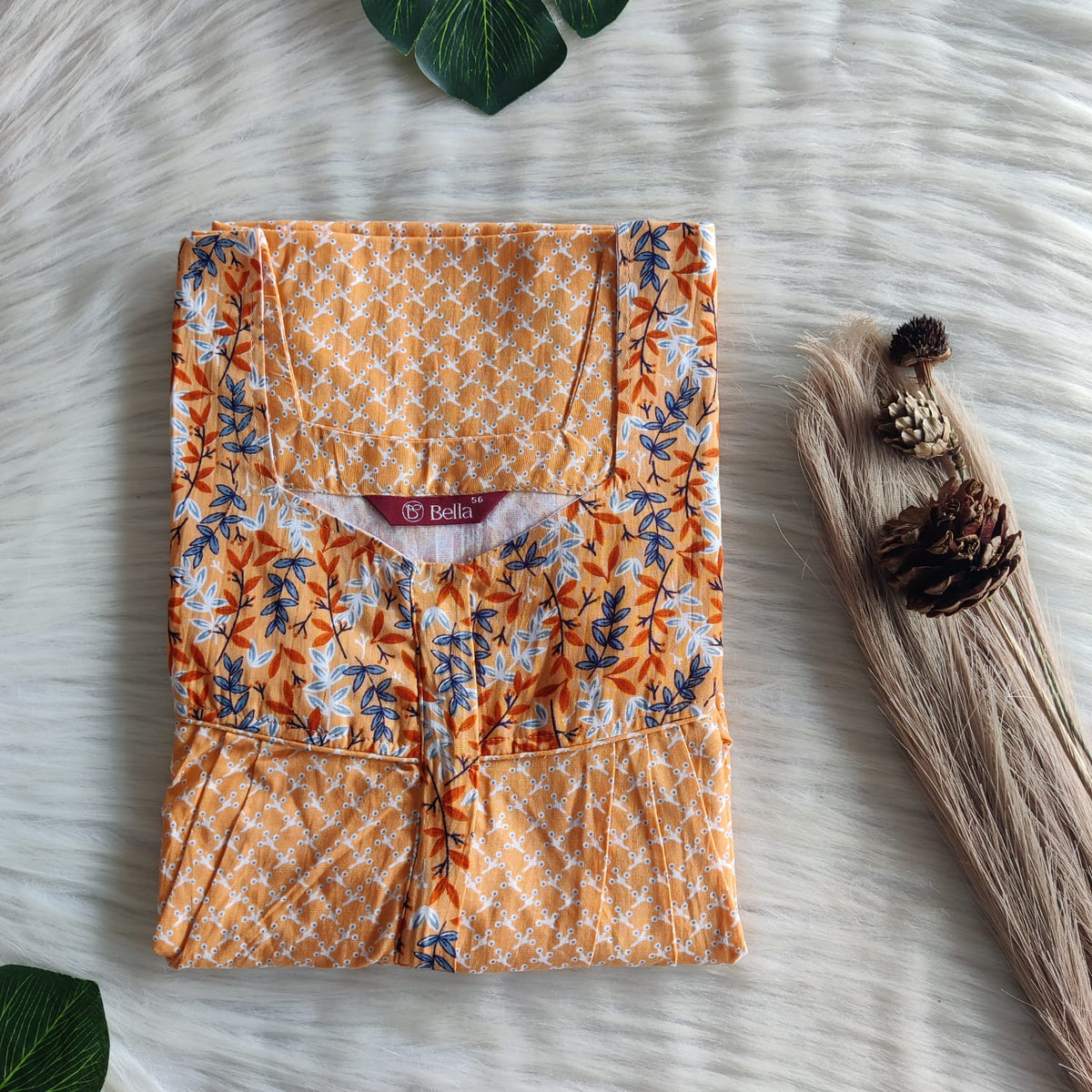Blue And Orange Printed Premium Cotton Square Neck Pleated Nighty | Free Size | Chest Width 44″| Length 55″-56″