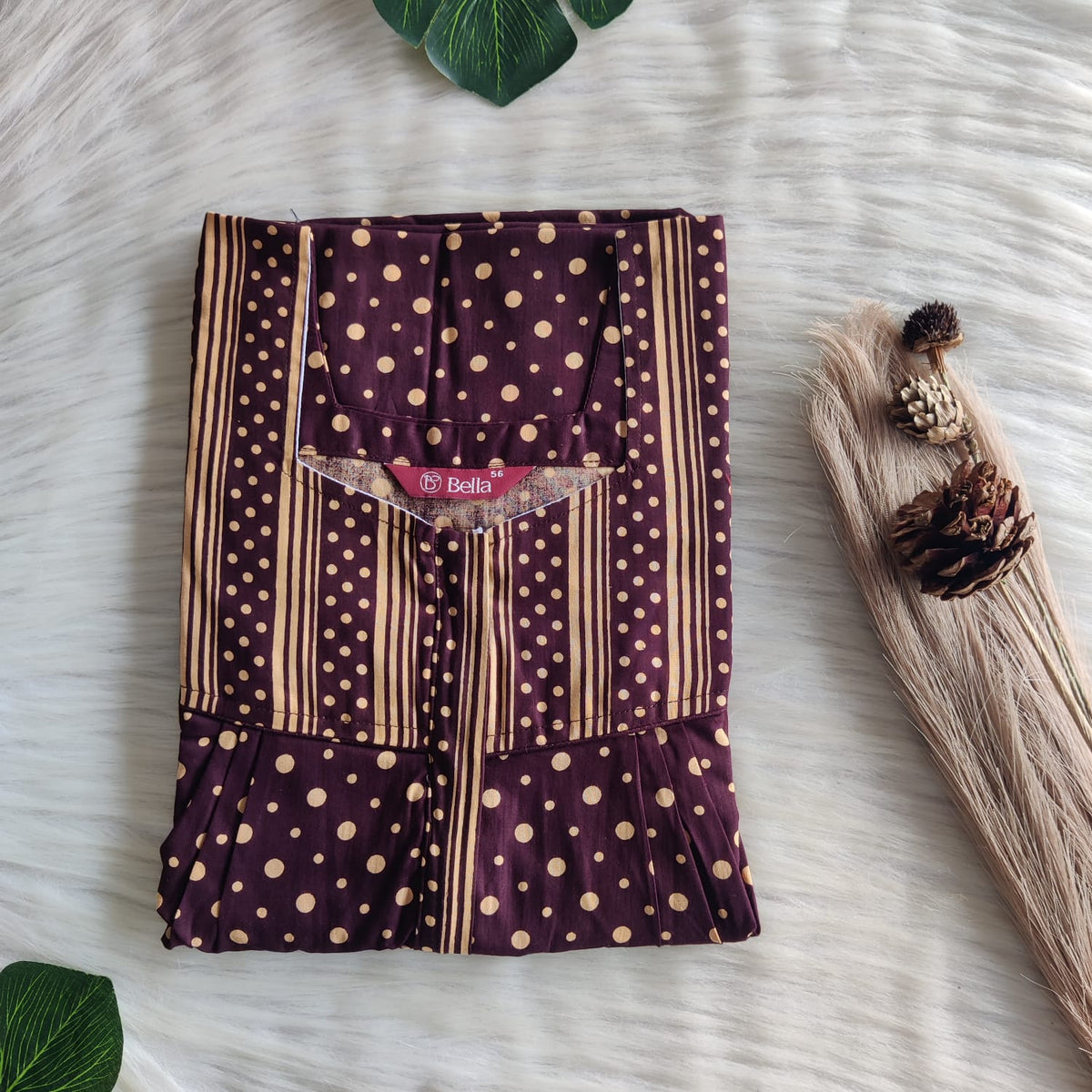 Yellow And Coffee Brown Printed Premium Cotton Square Neck Pleated Nighty | Free Size | Chest Width 44″| Length 55″-56″