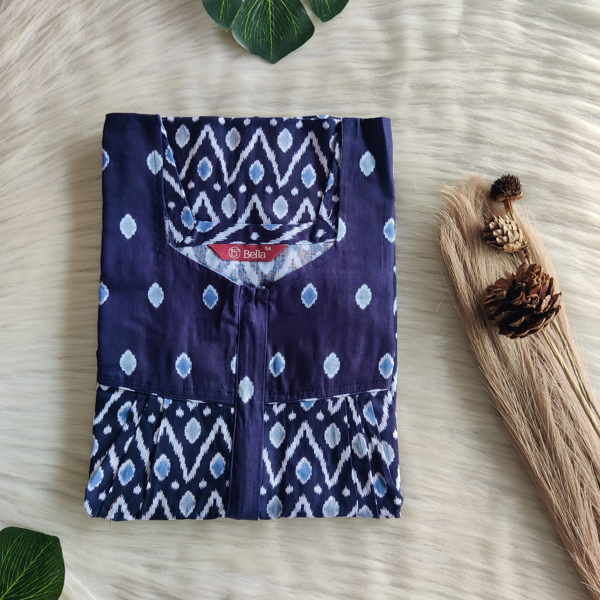 Navy Blue And White Ikat Printed Premium Cotton Square Neck Pleated Nighty | Free Size | Chest Width 44″| Length 55″-56″