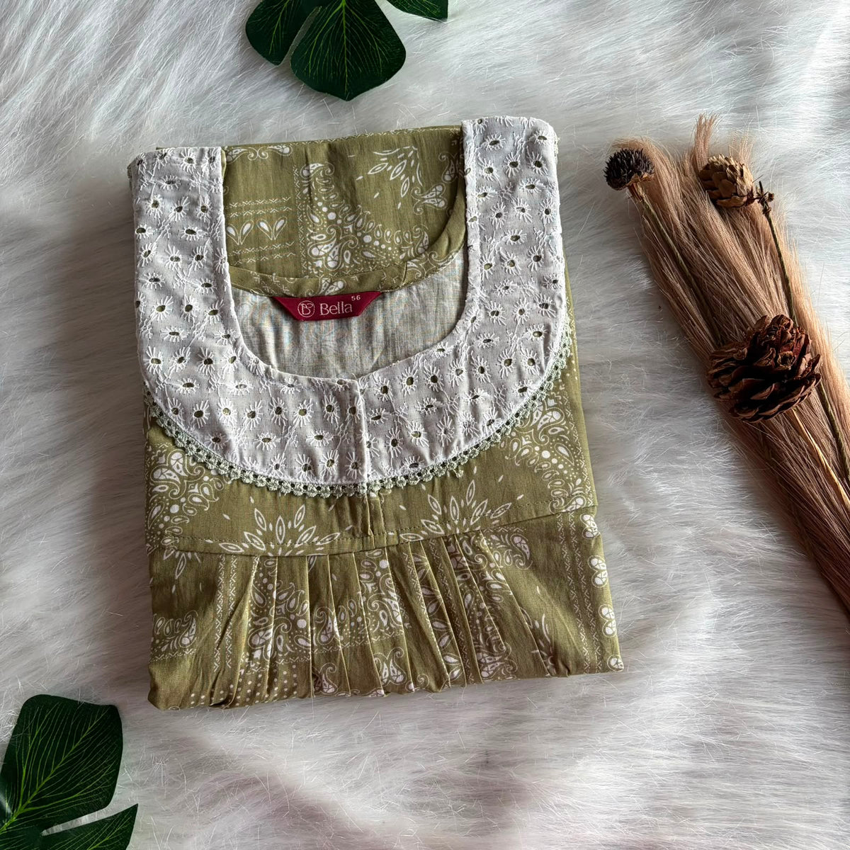 Pastel Green Floral Printed Premium Cotton Hakoba Lace Nighty | Free Size | Chest Width 44″| Length 54″-56″