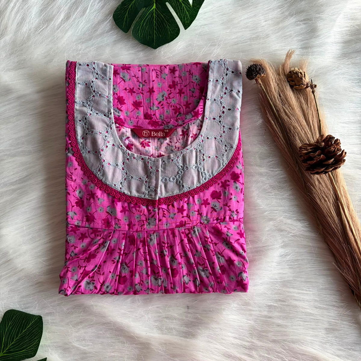 Pink Floral Printed Premium Cotton Hakoba Lace Nighty | Free Size | Chest Width 44″| Length 54″-56″
