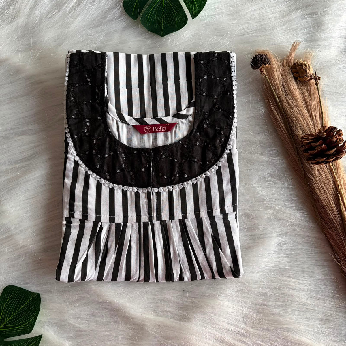Black And White Stripes Printed Premium Cotton Hakoba Lace Nighty | Free Size | Chest Width 44″| Length 54″-56″