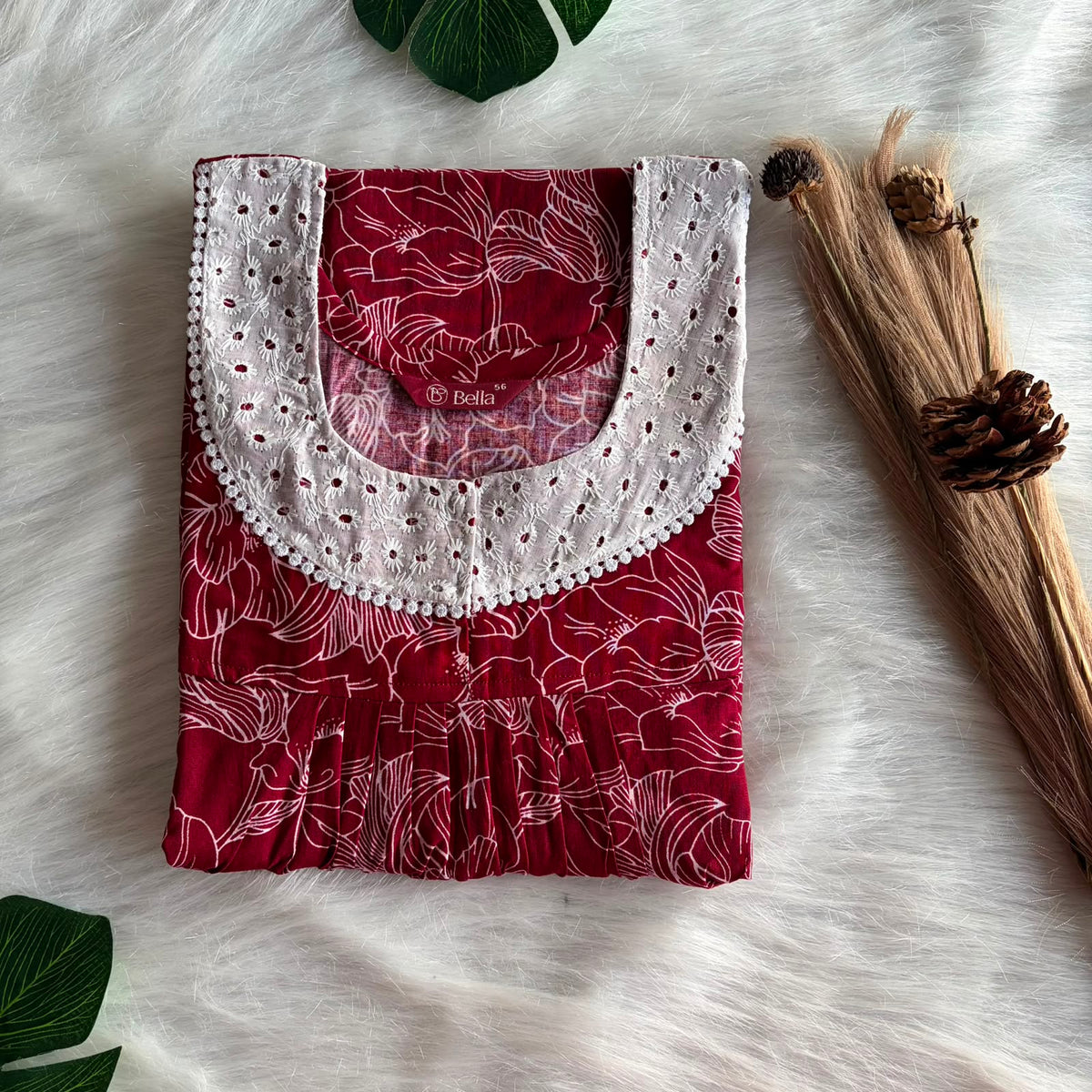 Maroon Floral Printed Premium Cotton Hakoba Lace Nighty | Free Size | Chest Width 44″| Length 54″-56″