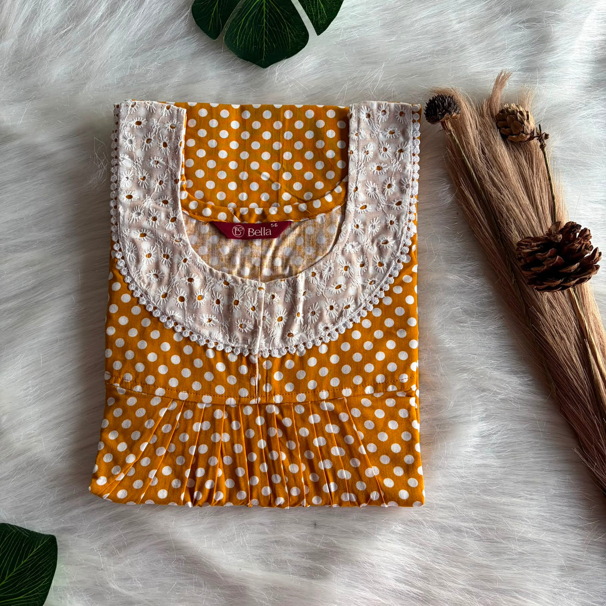 Yellow Polka Dot Printed Premium Cotton Hakoba Lace Nighty | Free Size | Chest Width 44″| Length 54″-56″