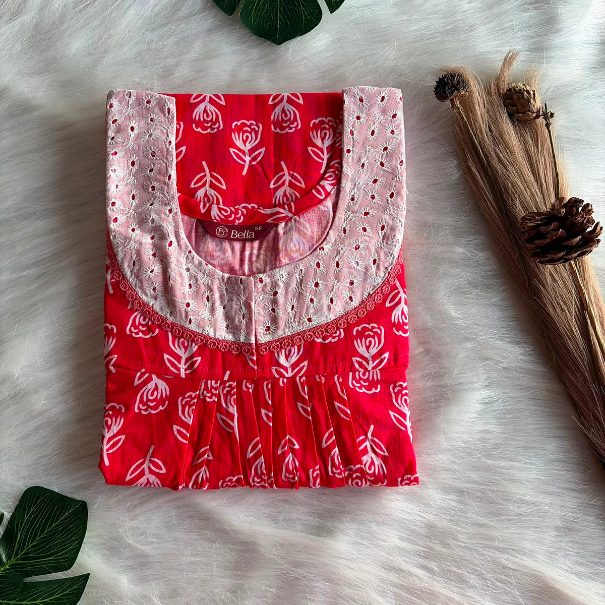 Peach Floral Printed Premium Cotton Hakoba Lace Nighty | Free Size | Chest Width 44″| Length 54″-56″