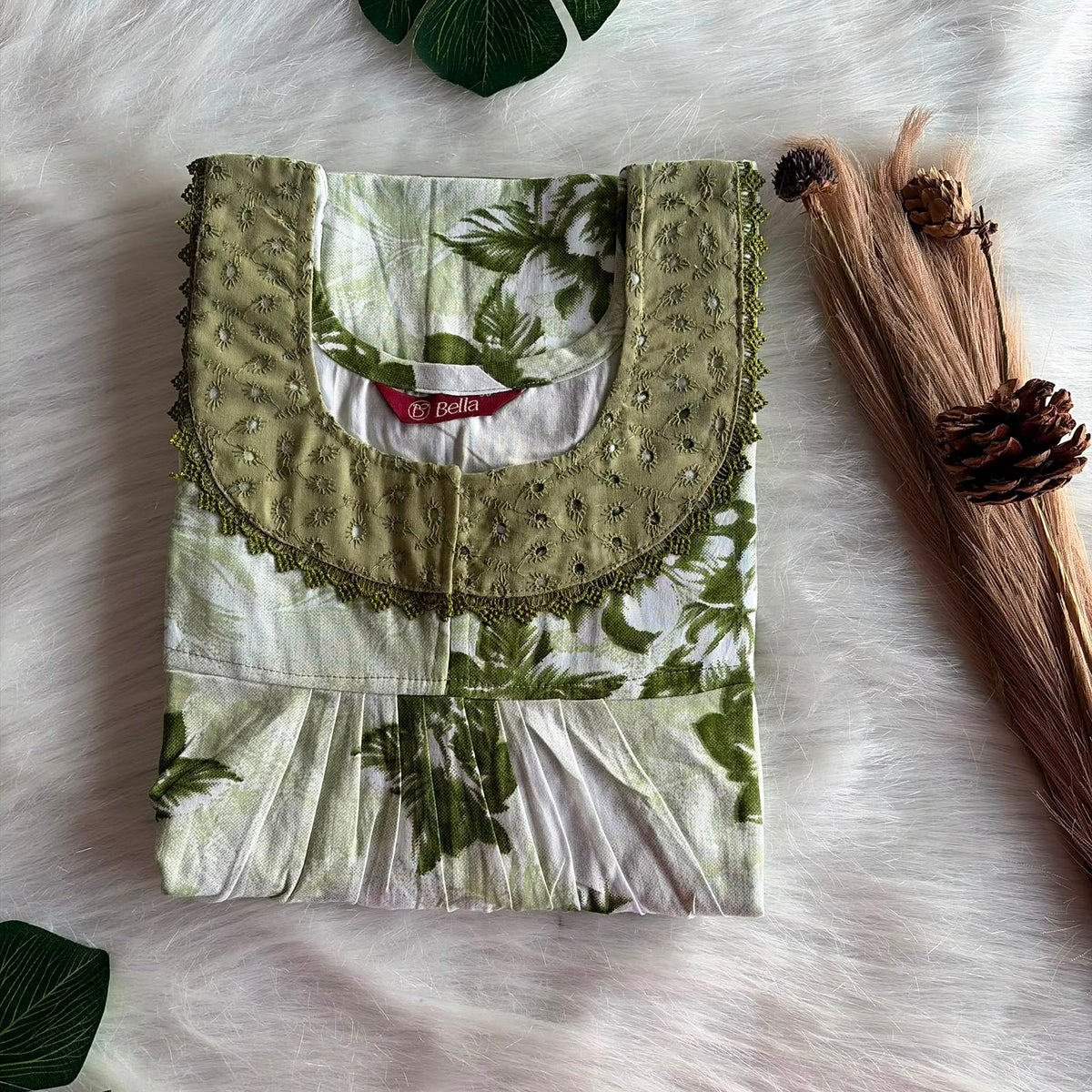 Green Floral Printed Premium Cotton Hakoba Lace Nighty | Free Size | Chest Width 44″| Length 54″-56″