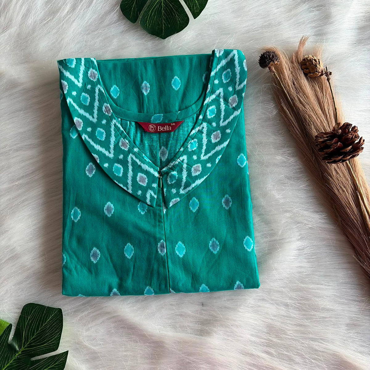 Grey And Green Ikat Printed Premium Cotton Peter Pan Collar Long Zip Feeding Nighty | Free Size | Chest Width 44″| Length 56″