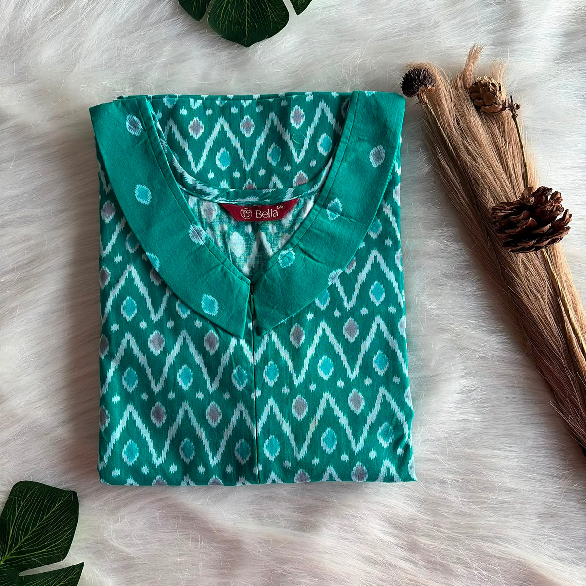 Green And Grey Ikat Printed Premium Cotton Peter Pan Collar Long Zip Feeding Nighty | Free Size | Chest Width 44″| Length 56″