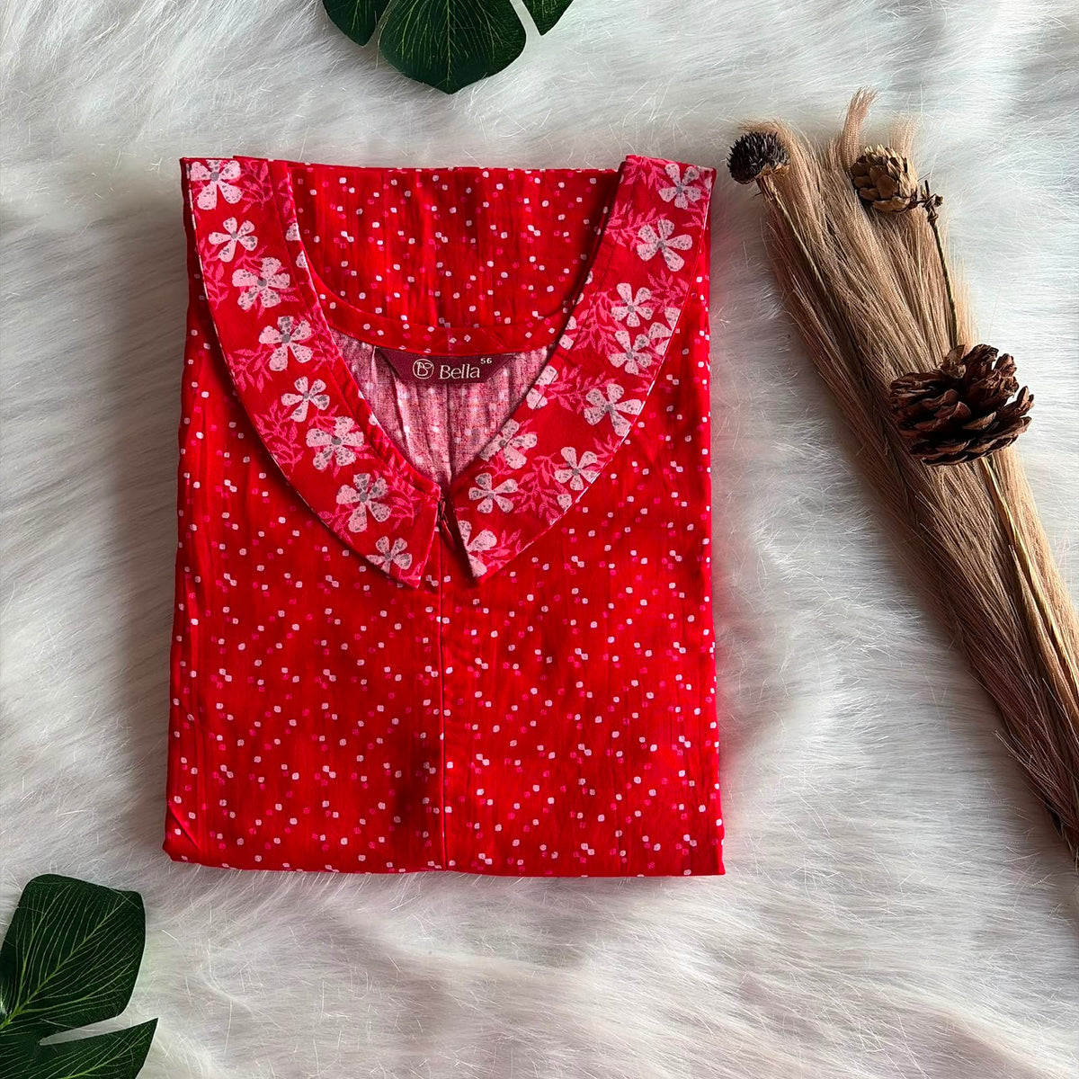 White And Red Dot Printed Premium Cotton Peter Pan Collar Long Zip Feeding Nighty | Free Size | Chest Width 44″| Length 56″